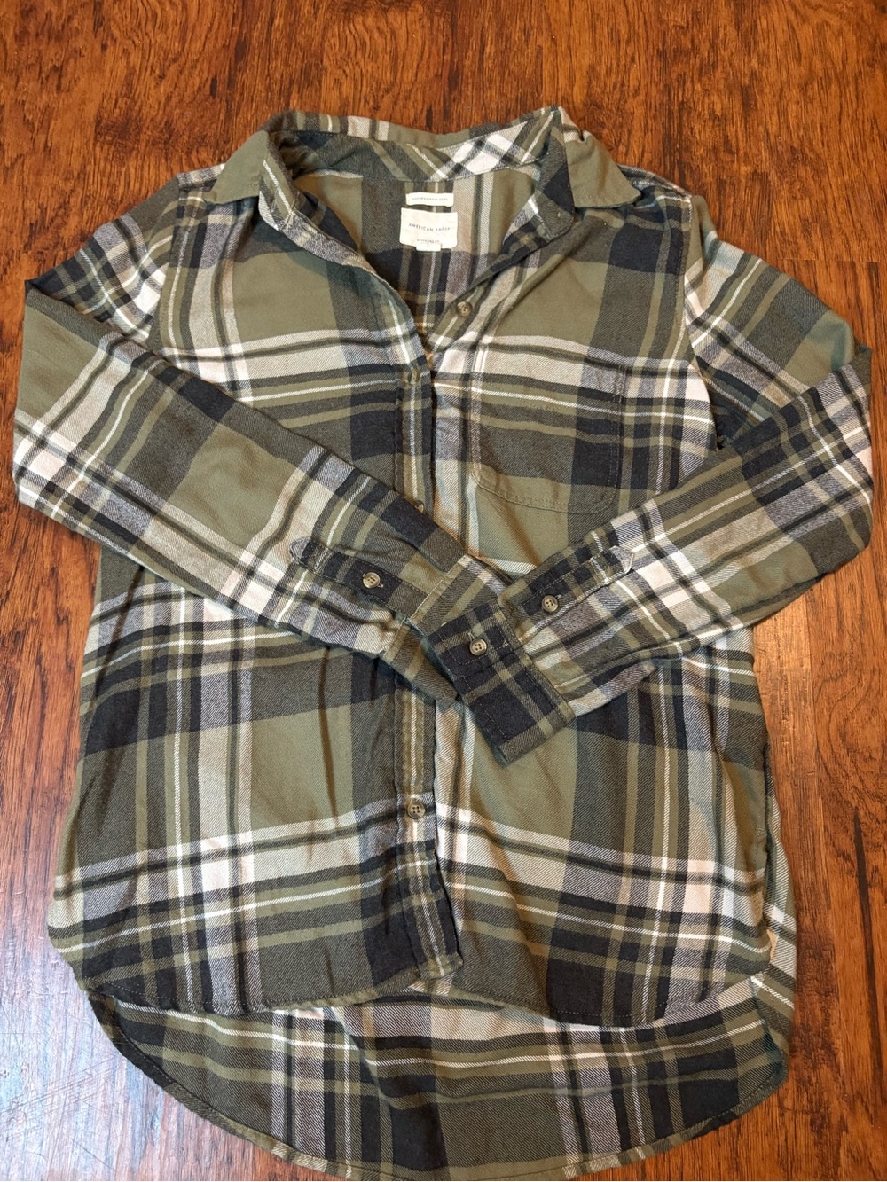 American Eagle Outfitters Olive, Black & Cream Plaid Button-Down Shirt